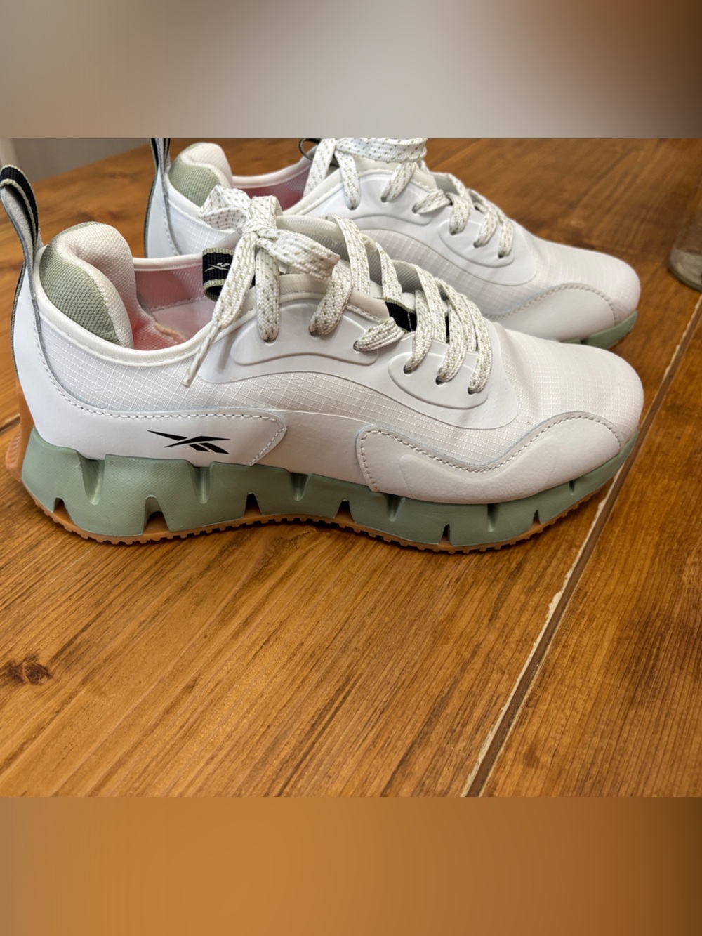 Women’s Reebok White Sneakers with Mint Green Zig Sole